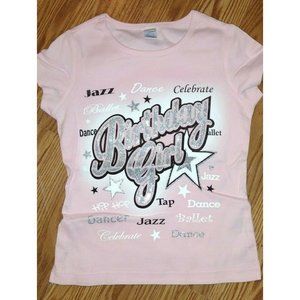 Dance T-Shirt "BIRTHDAY GIRL"" with dance themes listed- Short Sleeve PINK  -LG